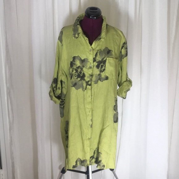 Made In Italy Dresses & Skirts - Made In Italy green 100% Linen Shirt Dress